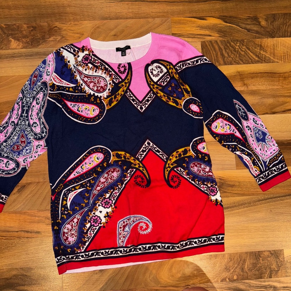 Talbots Paisley‎ Print Sweater Petite Med Pink Blue Red Crew Neck Top classic
